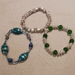 Silver and Green & Turqoise Beaded Bracelets